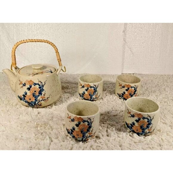 *Japanese Armbee Cherry Blossom Sakura Ceramic Wicker Handle Teapot w 4 Cups - Picture 1 of 9